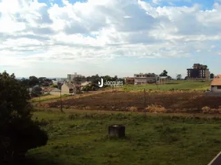 Paisagem de campo com vegetação verde e construções ao fundo.