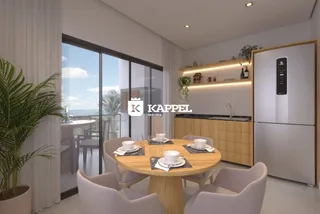 Uma sala de jantar moderna com vista para a paisagem externa através de grandes janelas.