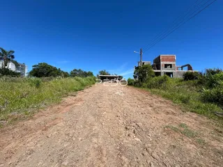 Vista de uma estrada de terra com vegetação rasteira em frente a construções no horizonte.