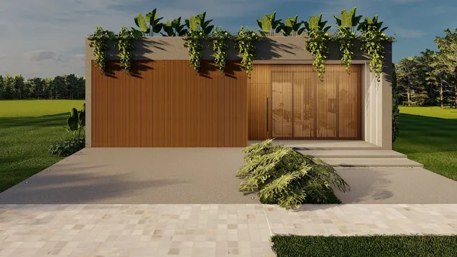 Fachada moderna de uma residência com revestimento de madeira e paisagismo.
