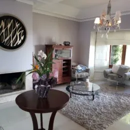 Sala de estar com lareira e móveis de madeira.