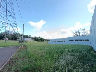 Vista externa de um terreno com vegetação e um edifício ao fundo.