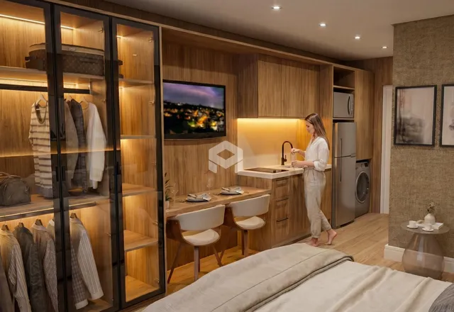 Quarto com armários e cozinha em ambiente moderno.