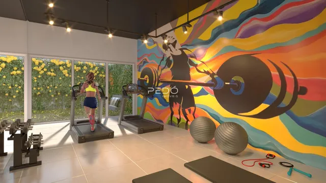 Foto de uma área de ginástica com grandes janelas.