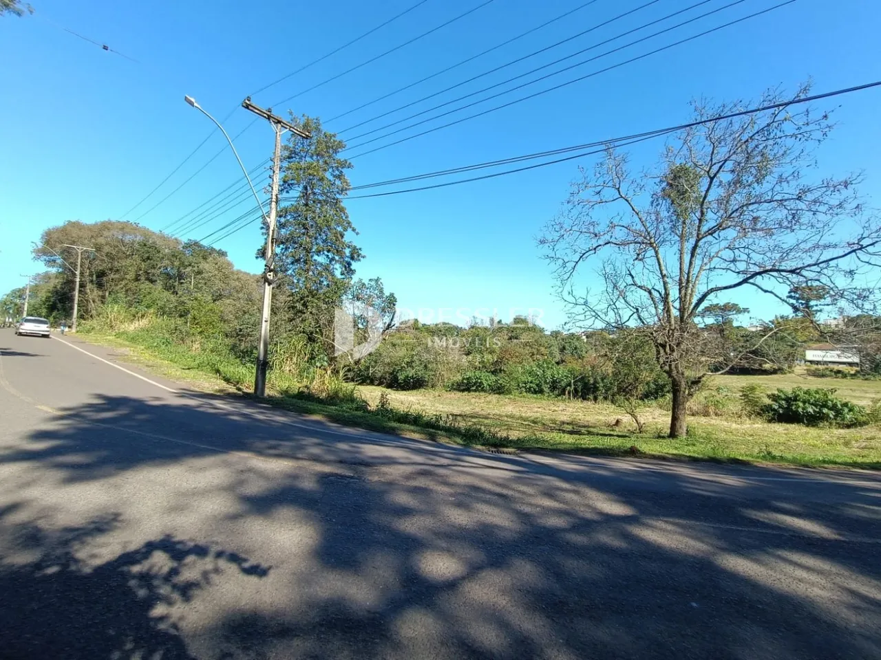Vista da propriedade ao longo de uma estrada rural.