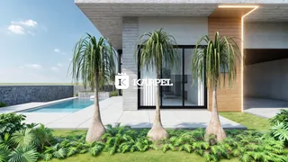 Fachada moderna de uma residência com piscina e paisagismo em Lajeado.
