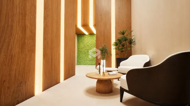 Hall de entrada com revestimento de madeira clara e decoração moderna.