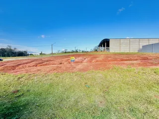 Vista de um terreno aberto com vegetação e uma estrutura no fundo.