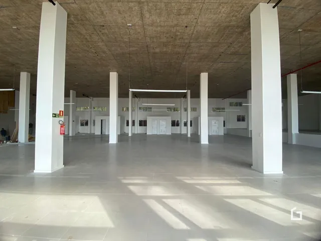 Espaço interno amplo com colunas brancas e teto de concreto aparente.