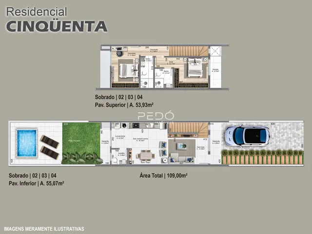 Planta baixa e vista externa de um imóvel residencial em Lajeado, Brasil.