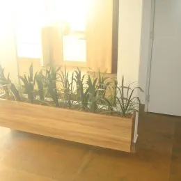 Vaso de madeira com plantas decorativas sobre o piso de madeira.