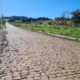 Vista de uma estrada de terra pavimentada em uma área verde.