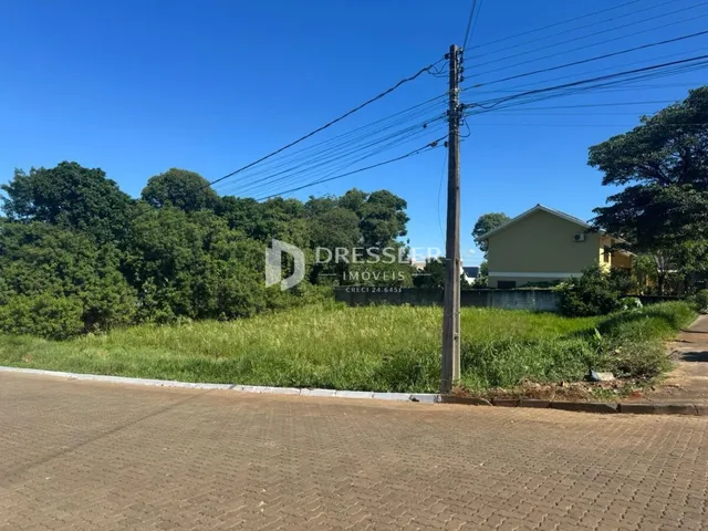 Vista externa da propriedade com vegetação e poste de luz.