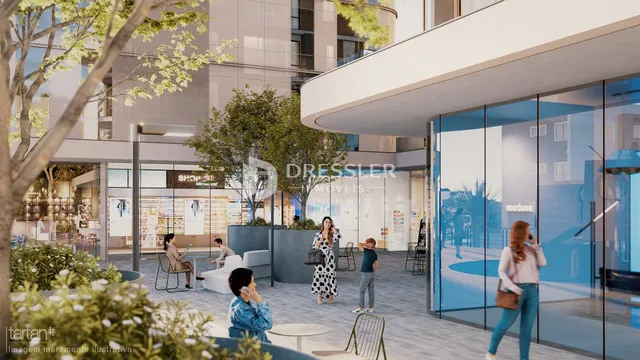 Vista externa de um edifício moderno com área de convivência em Lajeado.