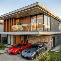 Fachada moderna de uma residência em Lajeado, Brasil, com grandes janelas de vidro e carros estacionados na frente.
