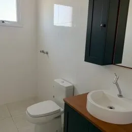 Foto de um banheiro com vaso sanitário e pia.