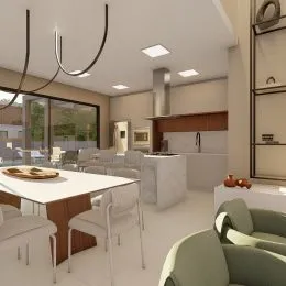 Foto de uma sala de jantar com mesa e cadeiras em um ambiente claro.