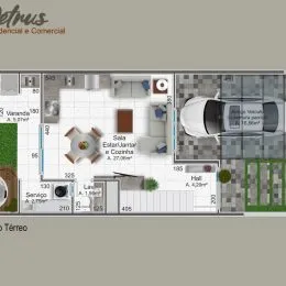 Planta baixa de um imóvel mostrando a disposição dos cômodos.