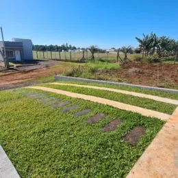Foto de uma área externa com gramado e borda de concreto.
