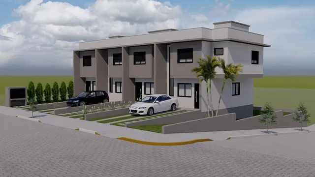 Fachada moderna de uma residência térrea com jardim frontal em Lajeado.