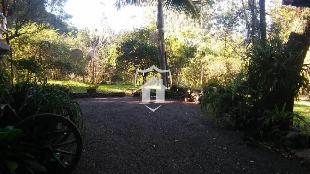 Vista da entrada de uma propriedade com vegetação densa ao redor.