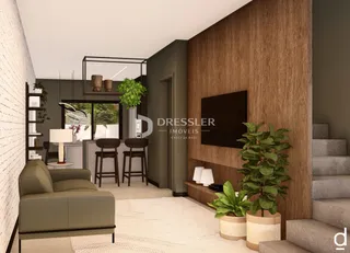 Ambiente de sala de estar com decoração moderna e painel de madeira.