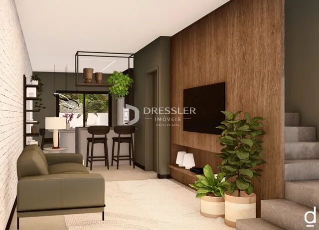 Ambiente de sala de estar com decoração moderna e painel de madeira.