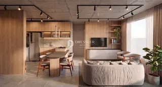 Ambiente moderno de sala de jantar e cozinha em imóvel no Brasil.