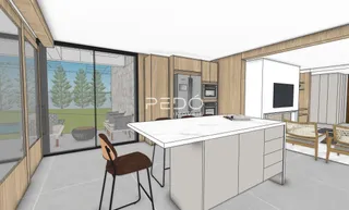 Imagem de um ambiente interno moderno com armários e bancada de cozinha.