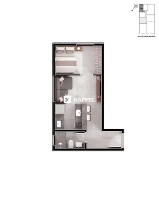 Planta baixa de um apartamento mostrando a disposição dos cômodos da unidade.