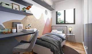 Quarto com cama e cabeceira em ambiente moderno.