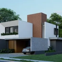 Fachada de uma residência moderna com paredes brancas e detalhes em tijolo aparente em Lajeado, Brasil.