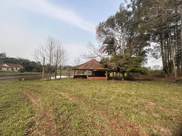 Vista de um campo gramado com árvores e um pequeno abrigo rústico.