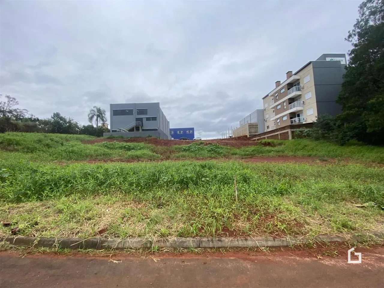Vista externa de um terreno com grama alta e edifícios modernos.