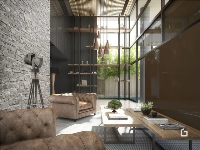 Sala de estar moderna com paredes de tijolo aparente e grandes janelas.