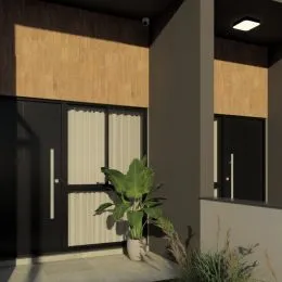 Fachada externa de uma residência com painéis de madeira e vegetação.