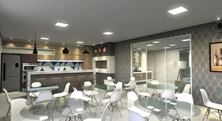 Sala de estar moderna com iluminação embutida.