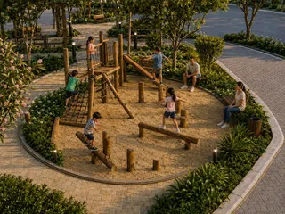 Uma área externa com playground de madeira e paisagismo.
