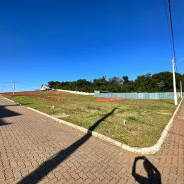 Vista externa de um jardim com caminho de tijolos sob céu azul.