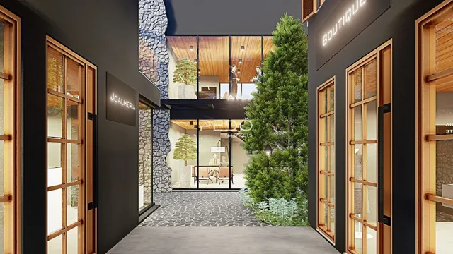 Fachada de um imóvel moderno com entrada e pátio interno em Lajeado.