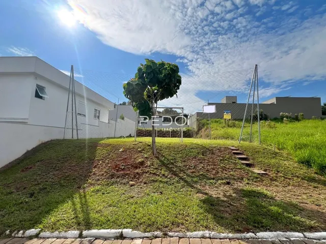 Vista externa de uma propriedade com gramado e árvores.