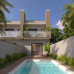 Foto de uma piscina externa com deck em uma residência em Lajeado, Brasil.