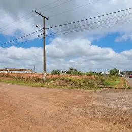 Vista de uma estrada de terra com vegetação rasteira sob um céu nublado.