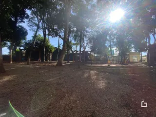 Vista externa de uma área com árvores e solo de terra.