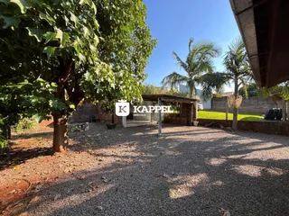 Área externa com árvores e grama em um terreno com cascalho.