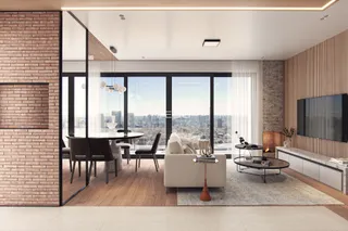 Uma sala de estar e jantar moderna com vista para a cidade.