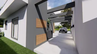 Fachada de uma casa moderna com um caminho pavimentado e um carro estacionado.