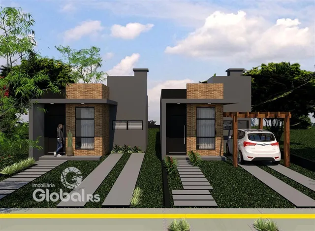 Fachada de residência moderna em Lajeado com jardim e entrada.