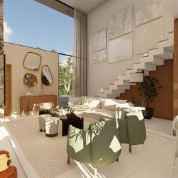 Sala de estar moderna com sofá claro e vista externa.