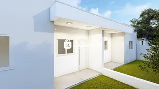 Fachada externa de uma residência moderna branca com jardim em Lajeado.